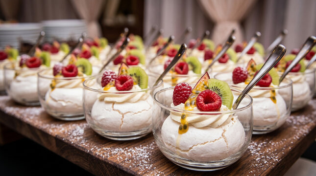 Elegant catering setup of mini Pavlova desserts with fresh berries in glass bowls. Premium hospitality event planning, luxury wedding reception menu and gourmet restaurant food styling concept.