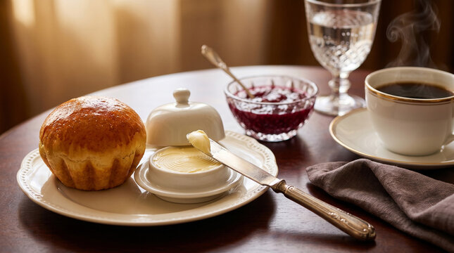 Fresh baked French brioche bun with butter, red berry jam and hot coffee on wooden table. Classic continental breakfast morning concept with cozy warm light.