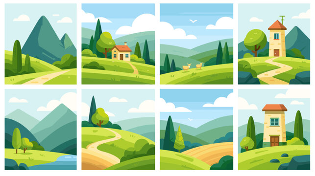 Scenic views of mountains, paths, and lush greenery in nature.