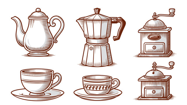 Illustrations of coffee-related items and equipment.