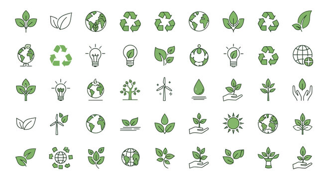 Eco Friendly Icons Set: Leaves, Earth, Recycle, Lightbulb, Wind Turbine, Drop, Hand