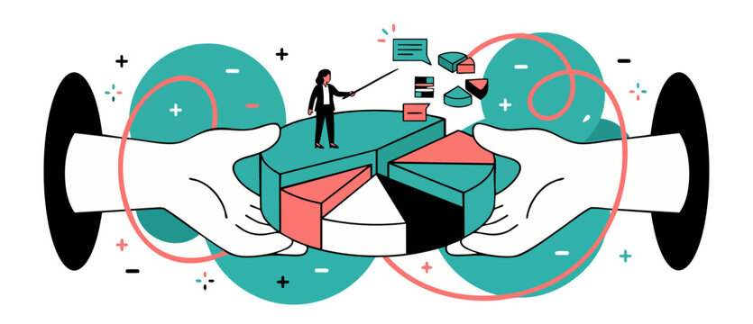 Business data analysis pie chart presentation with hands holding market share graph. Small corporate businesswoman pointing at statistics, financial reports, planning project growth. Flat vector illus