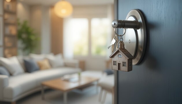 Closeup of a house key with a home-shaped keychain inserted into a modern door lock, blurred cozy living room background, real estate and home ownership concept