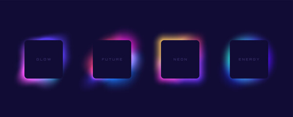 Naklejka na ściany i meble Abstract neon glowing squares on dark background with gradient light effects. Modern vaporwave style square frames with colorful luminous blur. Ideal for text box, web banner, poster.