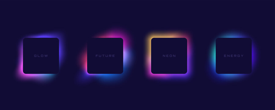 Abstract neon glowing squares on dark background with gradient light effects. Modern vaporwave style square frames with colorful luminous blur. Ideal for text box, web banner, poster.