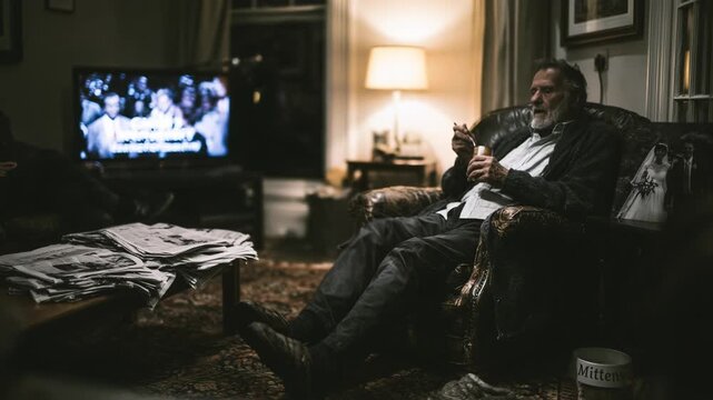 Elderly man sits alone in armchair eating canned food in dark living room. Lonely senior widower watching television at night. Sad retirement lifestyle concept.