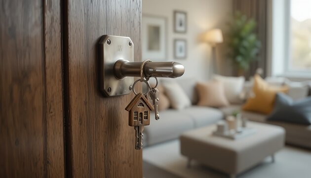 Closeup of a house key with a home-shaped keychain inserted into a modern door lock, blurred cozy living room background, real estate and home ownership concept