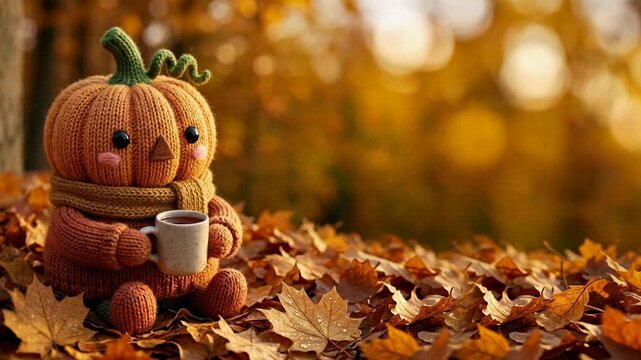 Knitted pumpkin toy holds a coffee mug sitting in autumn leaves. Cute seasonal character resting outdoors in fall season. Cozy harvest decor for Thanksgiving.