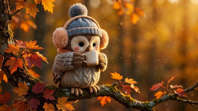 Knitted owl wearing a hat and earmuffs drinking from a cup on a tree branch. Autumn forest background with golden leaves. Cute animal concept for forest theme.