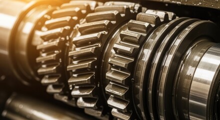 Fototapeta premium Close up view highlights metallic machine gears meshing together under warm lighting