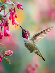 Fototapeta premium A stunning macro shot of a vibrant male Anna hummingbird hovering in mid air and drinking nectar from pink fuchsia flowers on a blurred garden background