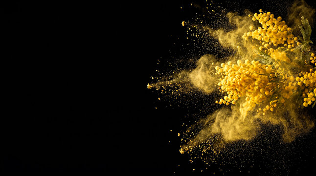 Golden mimosa clusters and yellow pollen splash on the right of a black background with wide left copy space