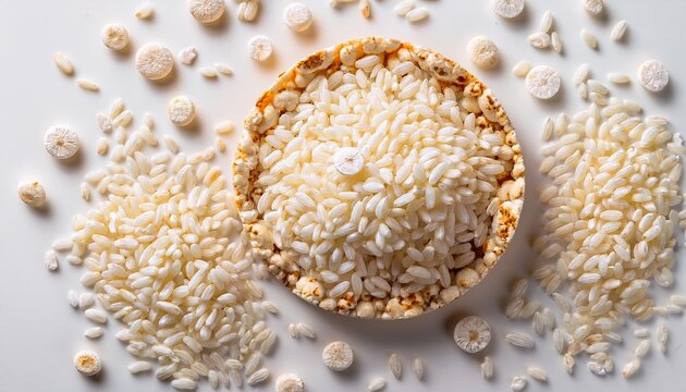 puffed rice bread with scattered rice grains on a plain white background top view highlighting texture and color contrast of beige grains