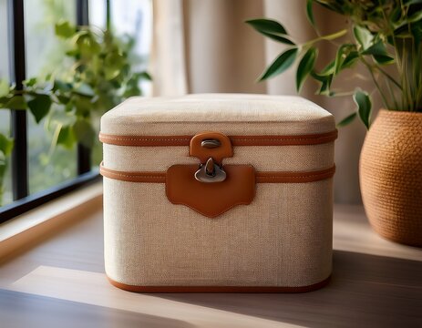 elegant fabric storage box with leather handle perfect for organizing items in modern home decor