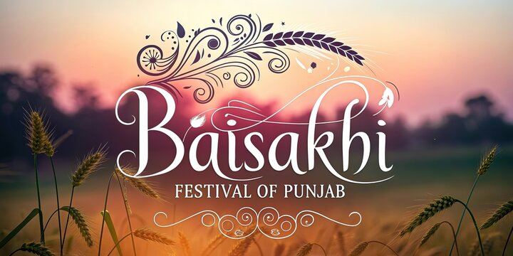 Baisakhi Festival Greeting with Wheat Field at Sunset Punjabi Harvest Celebration