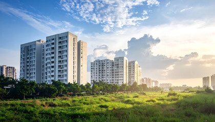 Obraz premium Modern apartment buildings in a developing suburban area at sunrise, lush green fields in the foreground with scattered wildflowers, bright sky with soft clouds