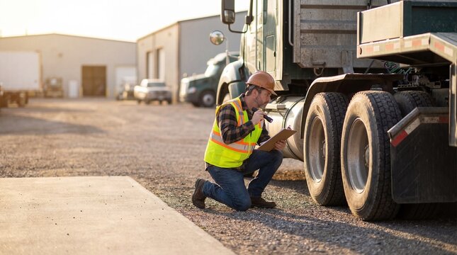 caucasian male driver in yellow vest and hard hat kneeling to inspect semi truck tires with flashlight and clipboard. logistics, transportation safety check. copyspace, banner, website header.