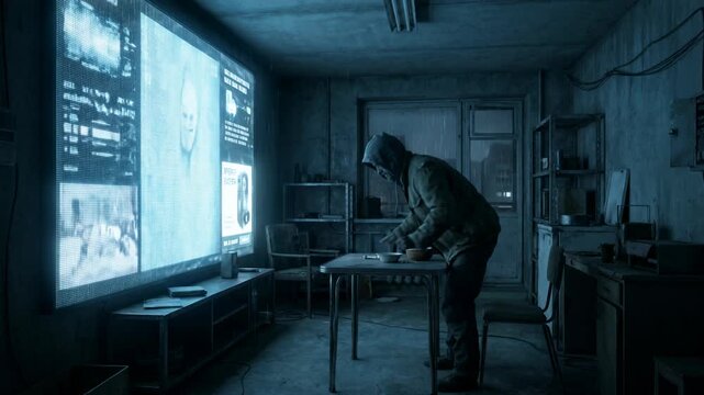 Man sitting in dark room eating food while looking at large glowing digital screen on wall displaying information. Cyberpunk atmosphere or dystopian home interior.