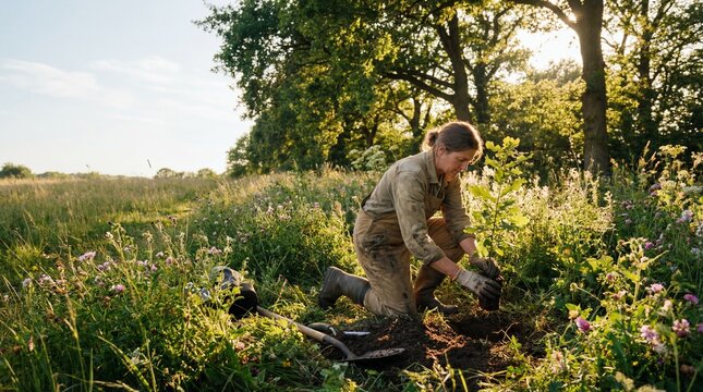 caucasian woman planting young oak tree sapling in sunny green field. reforestation, environmental conservation and nature care concept. banner, website header, poster with copyspace.