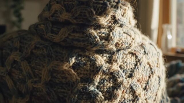 Cozy knitted sweater displaying textured patterns in warm sunlight  