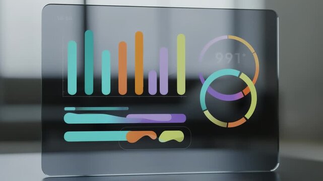 Medium shot of a digital wellness dashboard displaying colorful step count progress bars with the background softly blurred for focused attention.