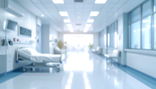 Modern hospital corridor with medical bed and bright natural light, healthcare setting, clean and sterile environment