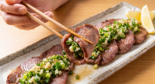 箸で掴んだねぎ塩牛タンのクローズアップ、食欲をそそる焼肉料理