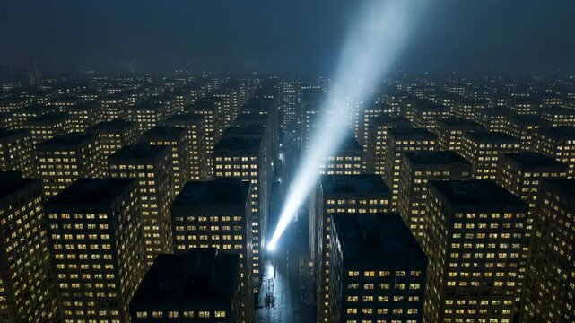 Aerial view of a city at night with a bright searchlight beam shining into the sky. Urban landscape with skyscrapers and illumination for mystery concept.