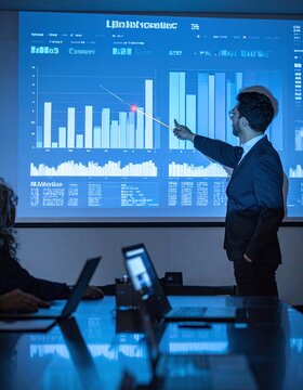 Professional analyst presenting complex financial data and growth charts on a large screen during a corporate strategy meeting, symbolizing leadership, success, and digital innovation.