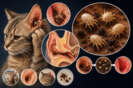 Cat Ear Mites Infestation Veterinary Medical Illustration with Symptoms and Parasites
