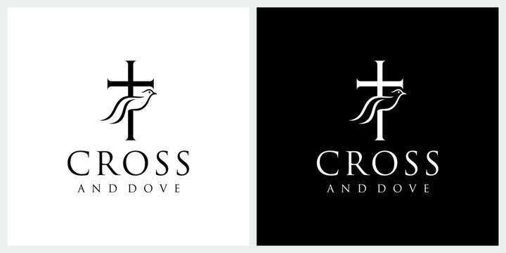 Christian cross crucifix and bird dove for church community logo design