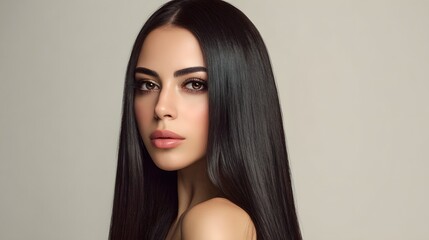 Fototapeta premium Studio portrait of a beautiful young woman with long straight smooth brunette hair. Model with shiny silky hairstyle and perfect glowing skin for hair care and beauty.
