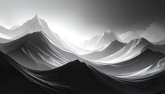 Monochromatic landscape with pixelated mountain range and glowing highlights, atmospheric, digital art