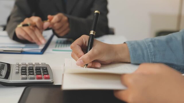 Auditor and accountant working in office Analyze financial data and accounting records with a calculator. Accounting companies provide financial and tax planning services. Close-up pictures