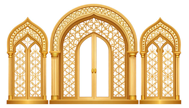 ornate golden arched doorways and windows with intricate patterns, gothic architectural elements, decorative facade design