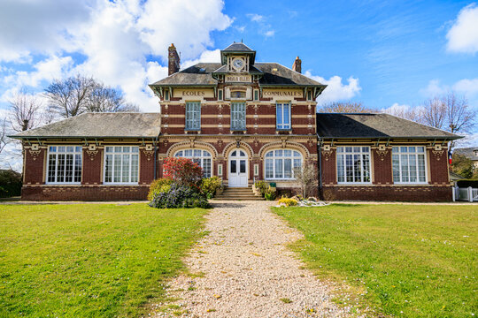 Historic Symmetrical Brick Town Hall and Public School in Vattetot-sur-Mer, Normandy