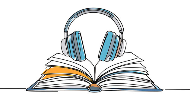 Open book with headphones, audio learning, online education, digital library concept, listening to audiobook