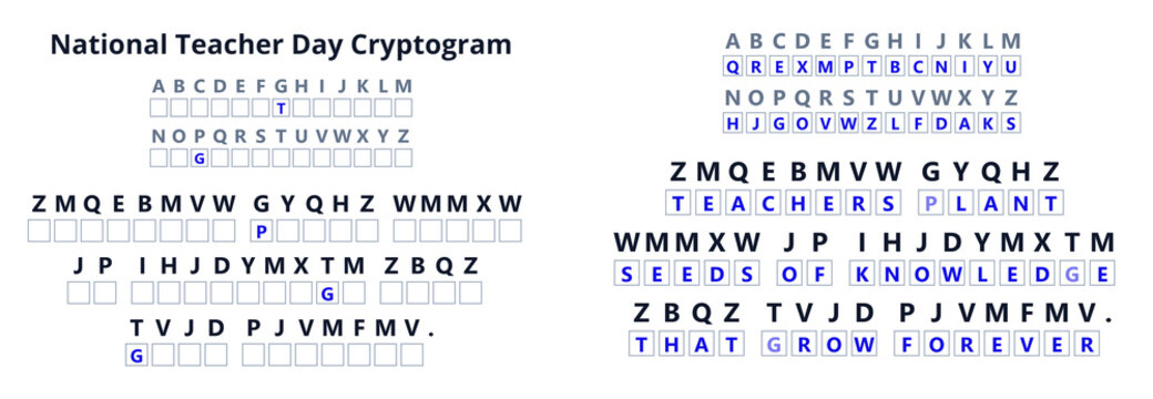 National Teacher Day cryptogram word puzzle worksheet with answer key