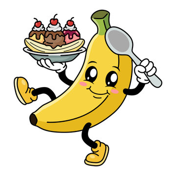 Energetic banana cartoon character balancing a banana split ice cream platter and holding a spoon. Fun dessert mascot.