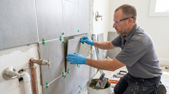 Plumber tiling bathroom shower with gray tiles and tools in modern setting. Skilled plumber works on bathroom renovation using premium tile and grout