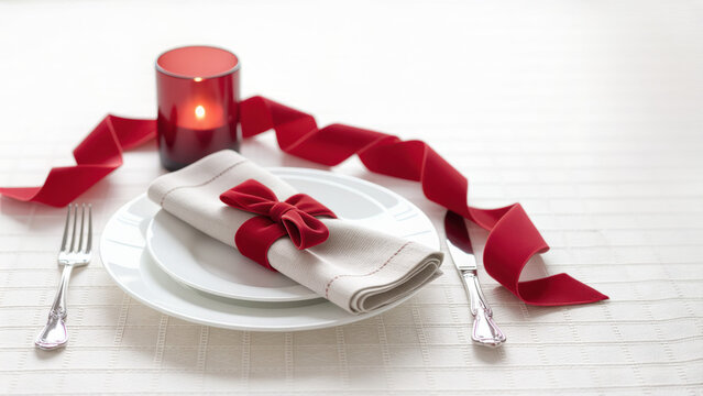 Elegant table setting with near-monotone cranberry decor featuring white plates, red velvet ribbon, and candle centerpiece.