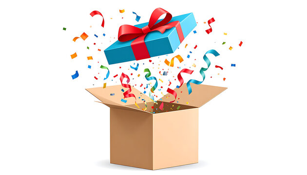 Open cardboard box with a blue gift box and red ribbon exploding upwards surrounded by colorful confetti and streamers, surprise and celebration concept