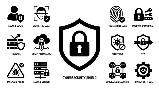 Modern minimal monochrome glyph icon style with clean geometric vector shapes and futuristic cybersecurity UI aesthetics.