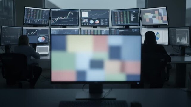 Medium shot of a fund risk management control room displaying VaR dashboards with sharp focus on the main monitor blurred background emphasizing realtime data analysis in normal