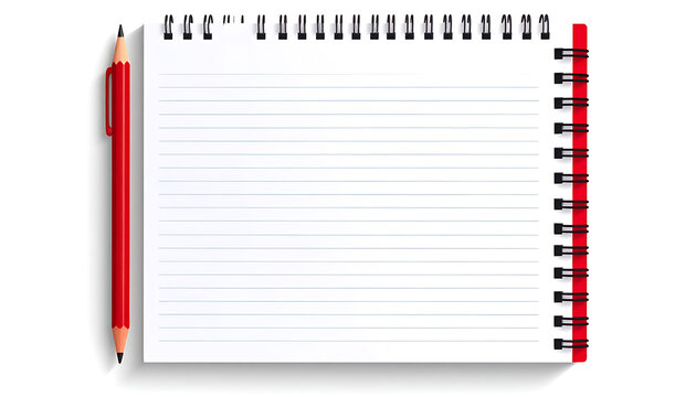 Open spiral notebook with red pencil, lined paper, blank pages for notes, writing, planning, isolated on white background