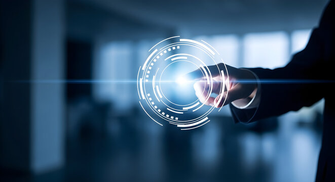 Futuristic Digital Transformation with Businessman Hand Touching Glowing HUD Interface for Cybersecurity and Corporate Innovation.