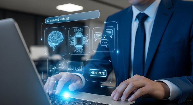 Advanced AI Technology Integration with Businessman Using Laptop and Holographic Interface for Future Business Solutions.