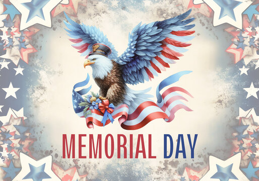  patriotic watercolor eagle illustration for memorial day with flag and star border