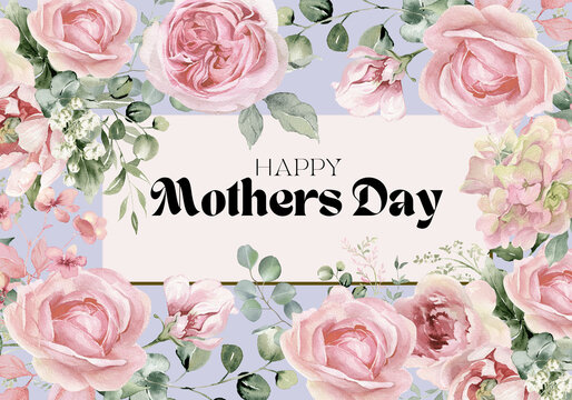 elegant watercolor pink rose bouquet and leaves framing a happy mothers day message on a purple background