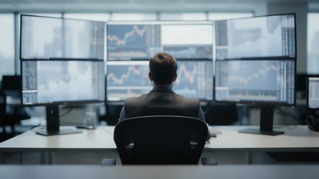 Medium shot capturing a financial analyst monitoring intraday price fluctuations of exchangetraded funds on multiple screens with the background out of focus.